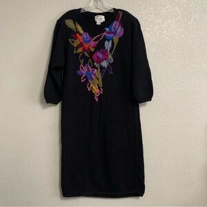 Vtg Jennifer Reed Sweater Dress Womens L Hand Knit Floral Midi Cottage Granny